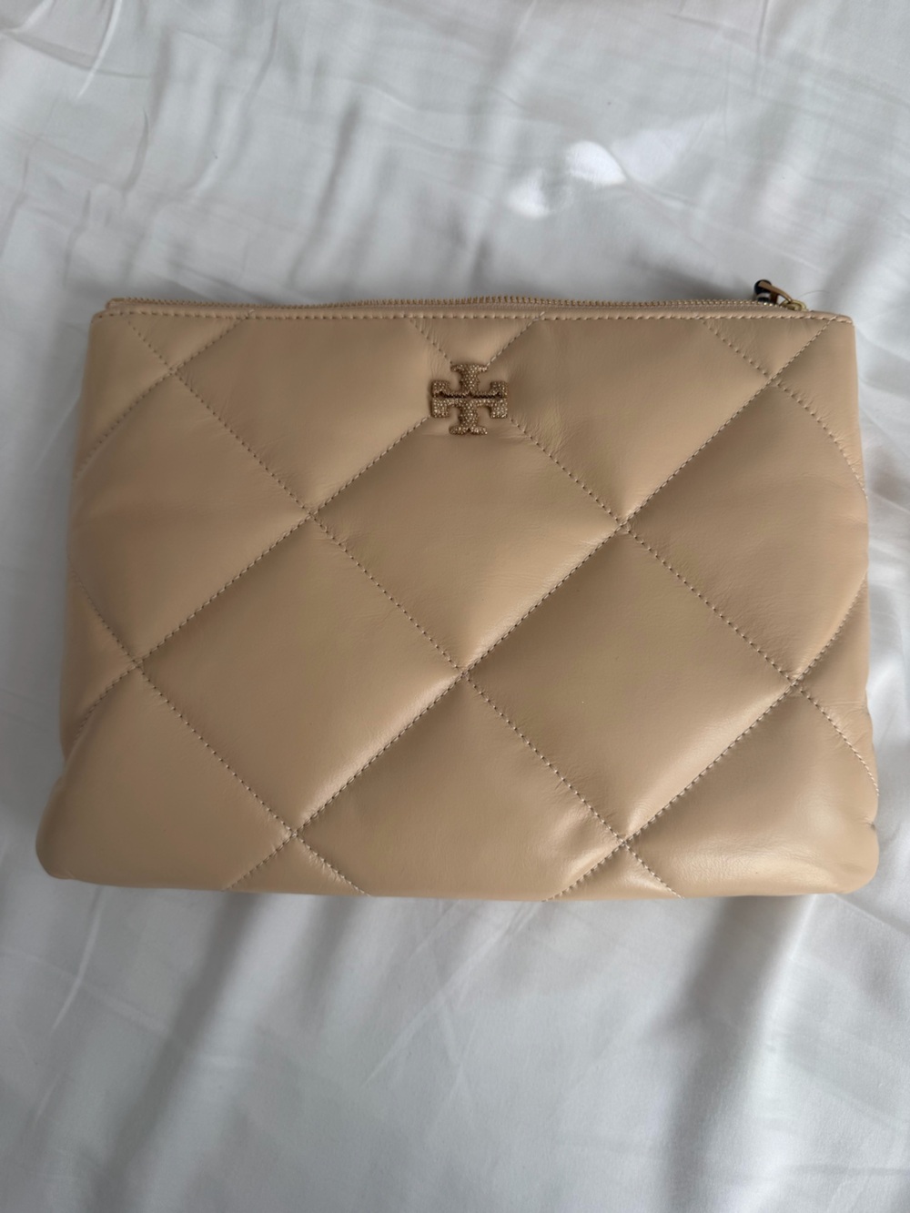 Tory Burch Quilted Beige Foldover Clutch with Gold Logo